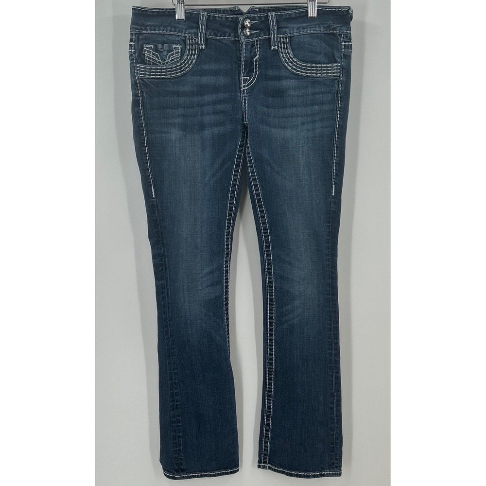 Vigoss Bootcut Jeans Dark Wash Thick Stitch Rhinestone Embellished Blue Denim 34